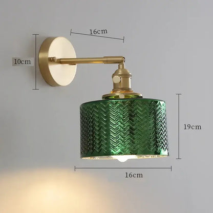 Vintage brass wall light with green clear glass chevron lampshade mounted on circular brass arm for decorbites clear glass
