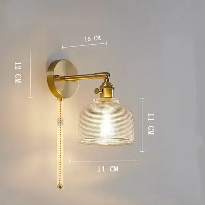 Vintage brass clear glass wall light with ribbed shade and adjustable pull chain for bedroom decorbites clear glass