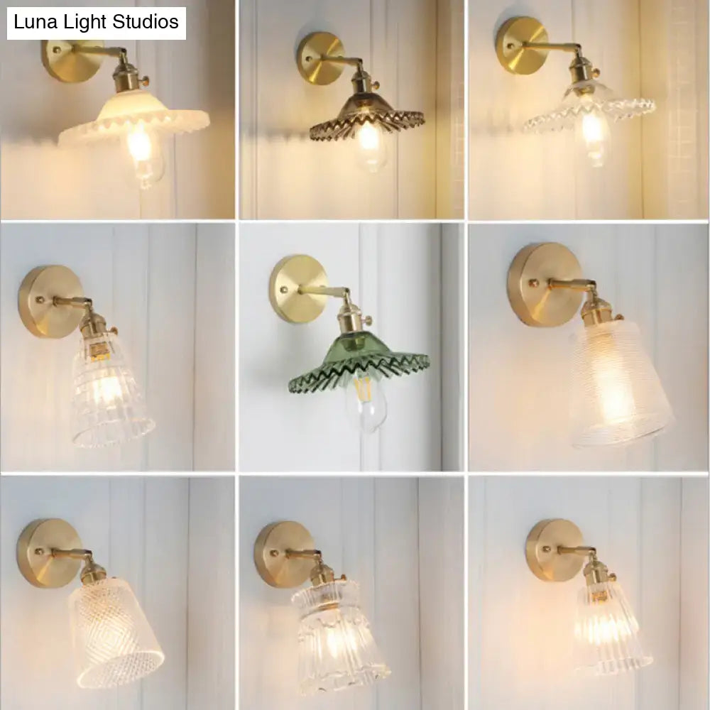 Vintage brass clear ribbed glass wall sconce with led incandescent compatible shades in various patterns and colors