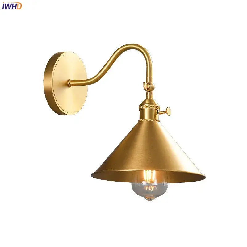 Vintage brass conical led copper wall light with curved arm and pull chain for bedroom decorbites led copper wall lights