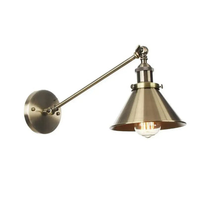 Brass copper wall light with adjustable arm, conical shade, and exposed filament bulb for vintage decorbites brass copper style