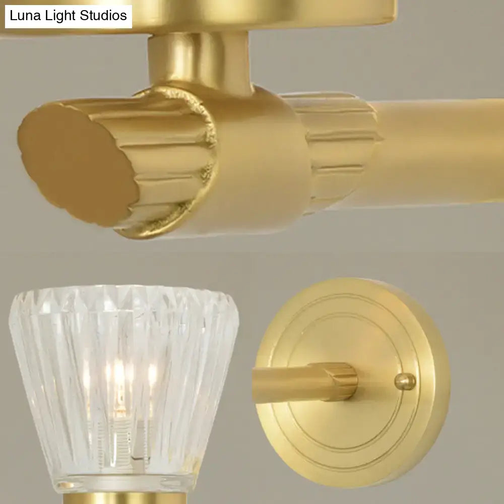 Vintage brass crystal cone light fixture wall sconce with gold-finished brass and faceted glass shade, fixture height 12 inch