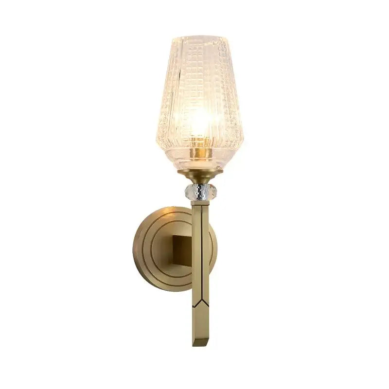 Vintage brass crystal copper wall lamp with textured glass shade and crystal accent for warm bedroom light decorbites wall lamp