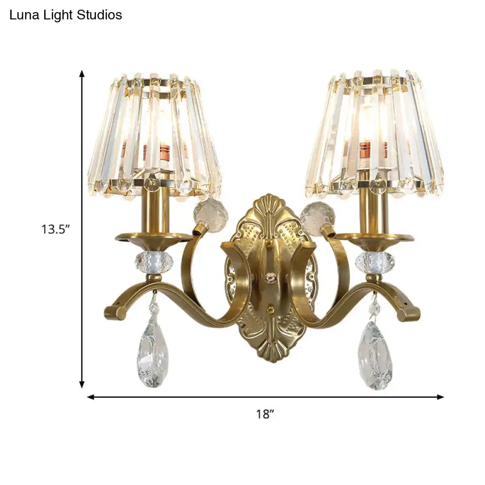 Vintage brass crystal fringe wall sconce with gold-toned ornate fixture and e14 bulb base for living room lighting
