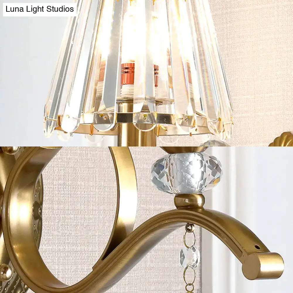 Vintage brass crystal fringe wall sconce with gold-toned crystal chandelier, fluted glass shade, ornate metal arms, e14 bulb base light type