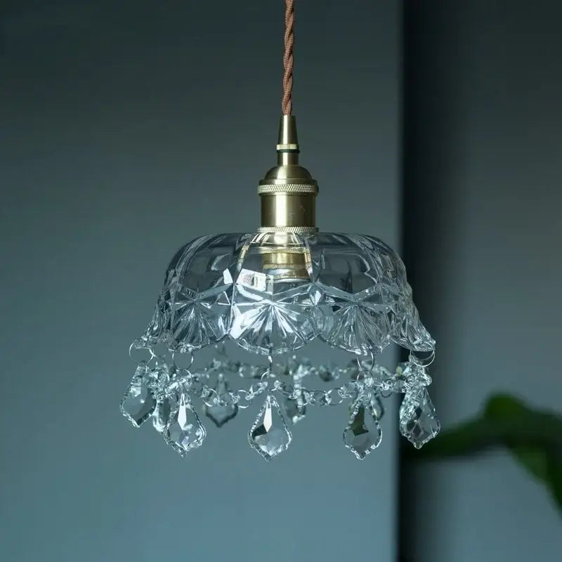 Clear cut crystal glass led pendant light with brass finish top and faceted crystals for dining room decorbites decor