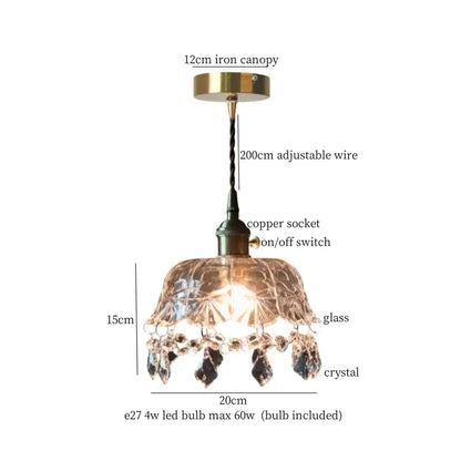 Vintage brass crystal glass led pendant light with adjustable wire, copper socket, and crystal droplets by decorbites