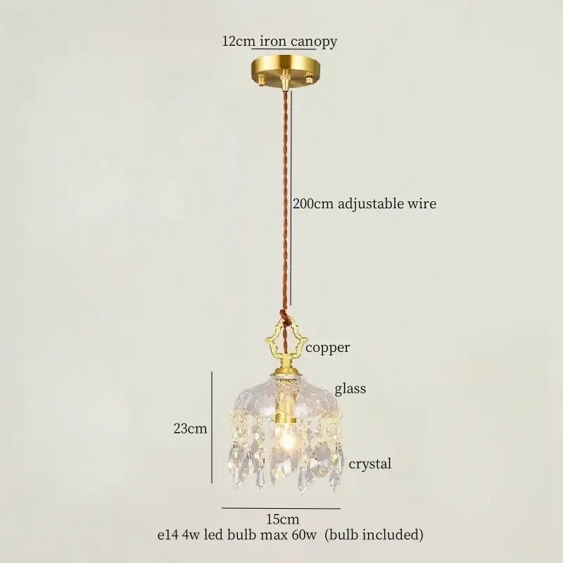 Delicate vintage brass crystal glass led pendant light with glass dome and dangling crystals by decorbites for dining room