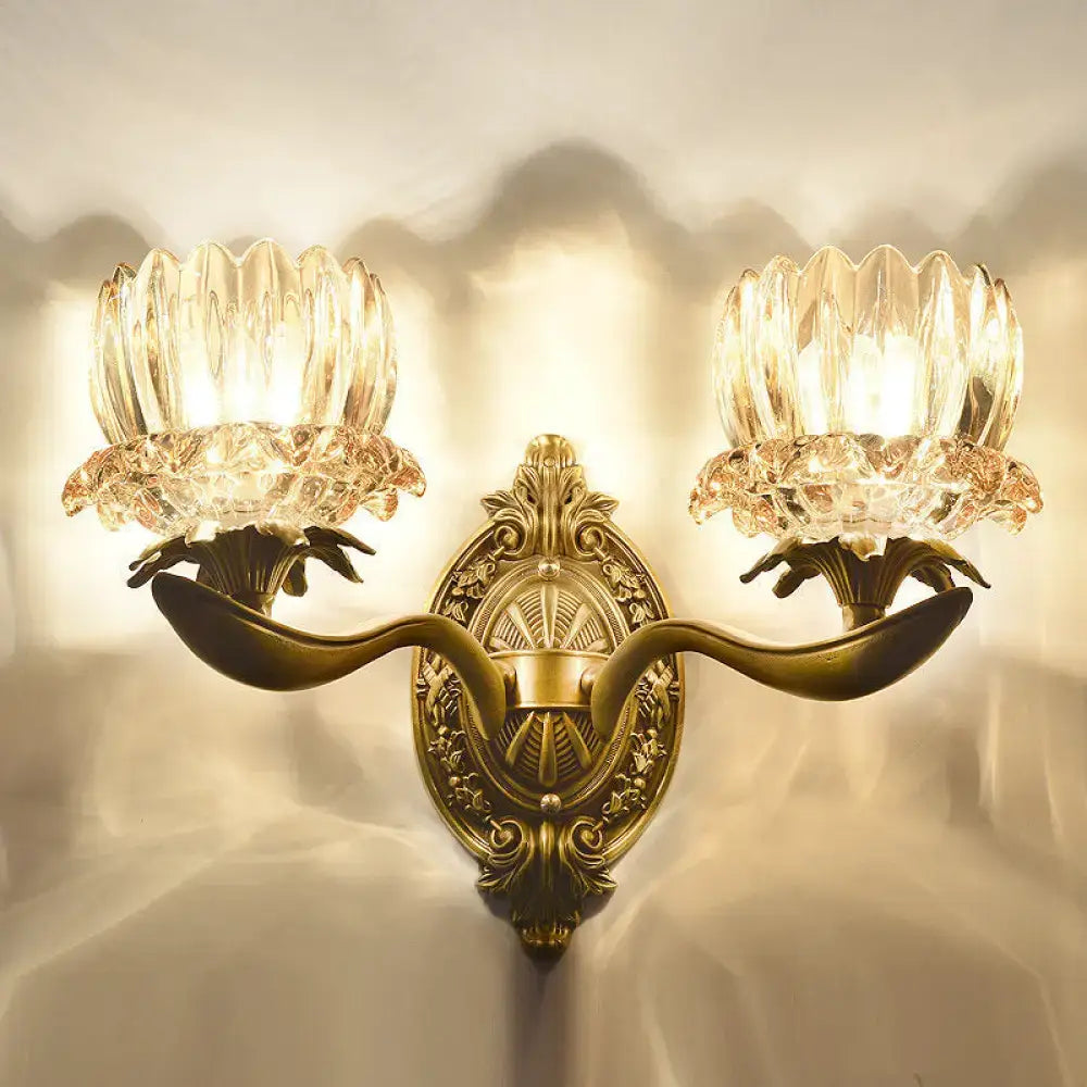 Antique brass wall lamp with two crystal lotus-shaped shades for living room e12 e14 light fixtures