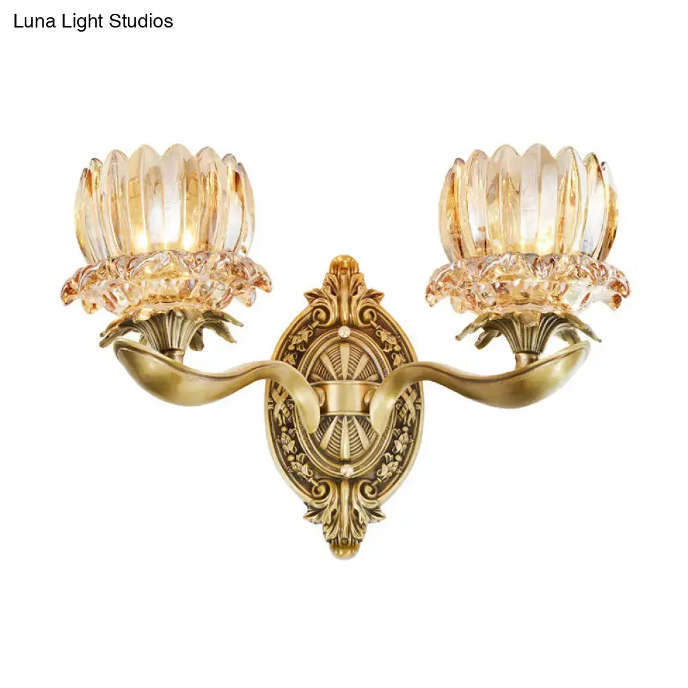 Antique brass two-light wall lamp with faceted amber glass shades for living room e12 e14 bulbs
