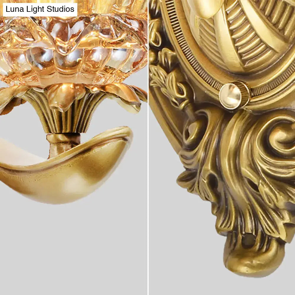 Golden ornate vintage brass crystal lotus wall lamp with intricate detailing for living room e12 e14 light fittings