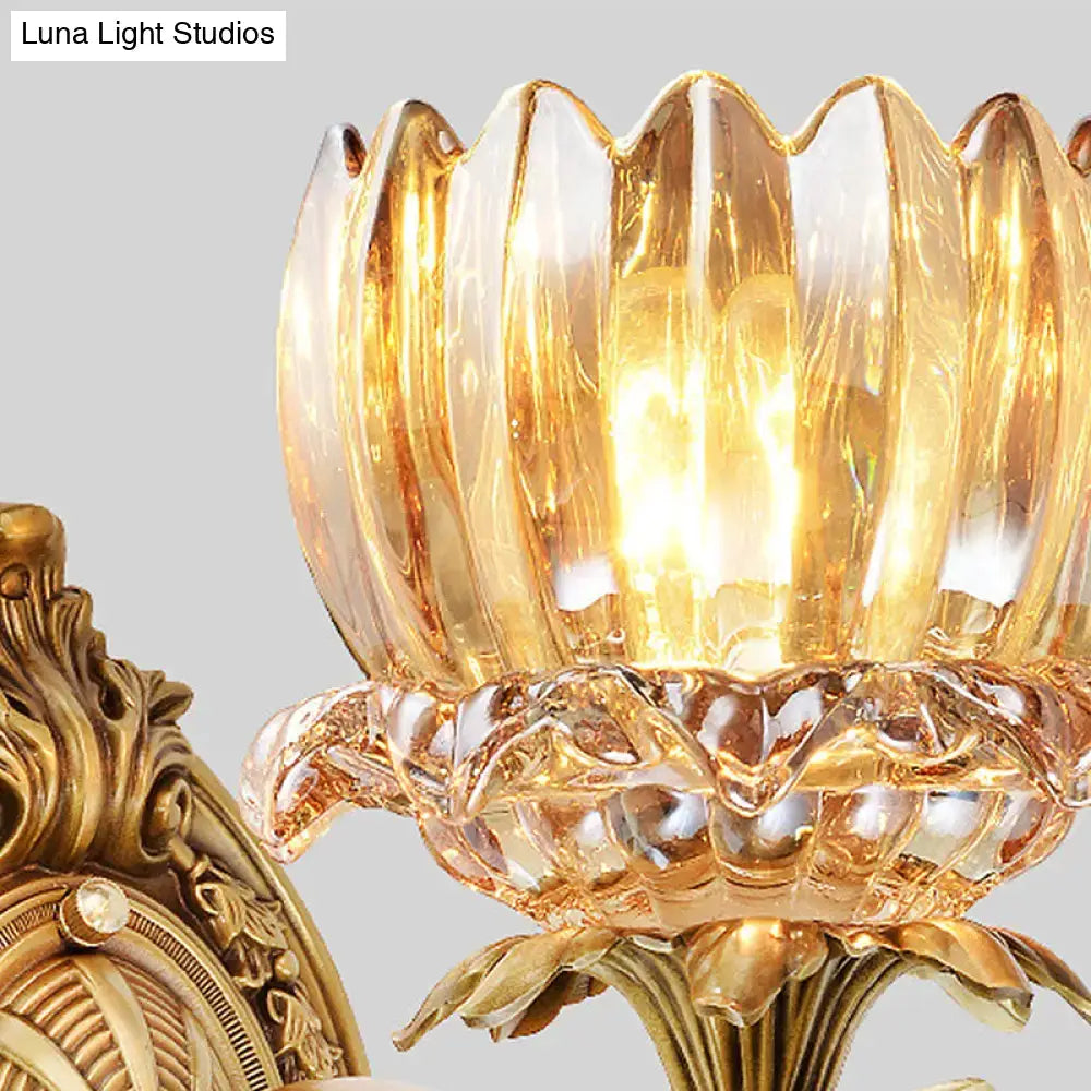 Vintage brass crystal lotus wall lamp with golden glass lampshade featuring petal ridges and warm amber glow for living room e12 e14 lighting
