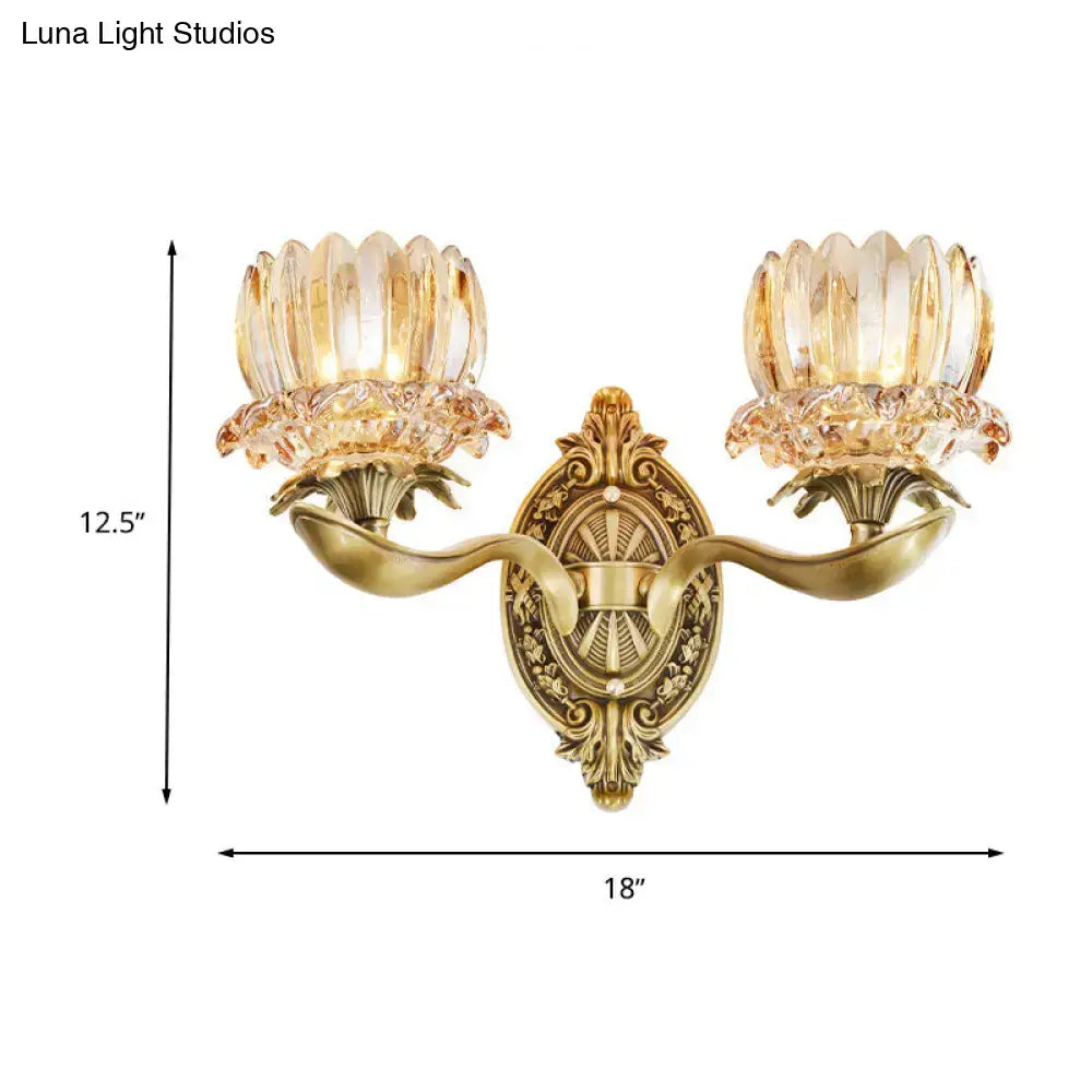 Vintage brass crystal lotus wall lamp with gold-toned ornate design and amber fluted shades for living room e12 e14 lighting