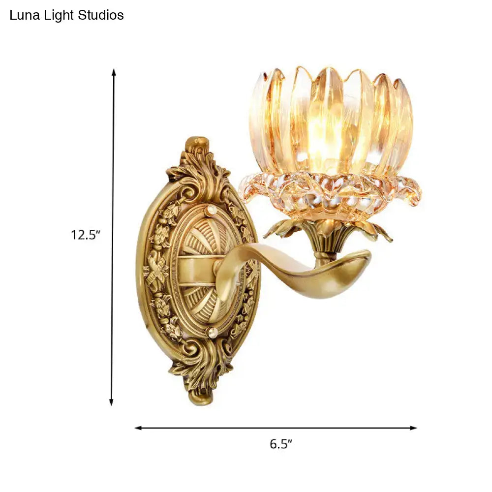Vintage brass crystal lotus living room wall lamp with gold-toned ornate e12 e14 translucent amber glass shade