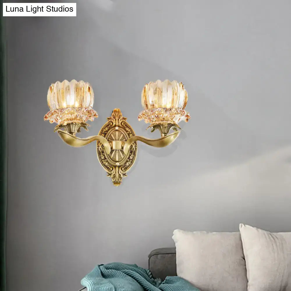 Vintage brass wall lamp with gold-toned ornate design and two fluted crystal shades for living room e12 e14 light bulbs