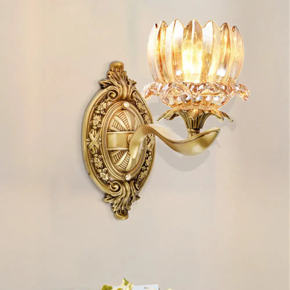 Gold-toned vintage brass crystal lotus wall lamp with e12 e14 bulbs for elegant living room lighting