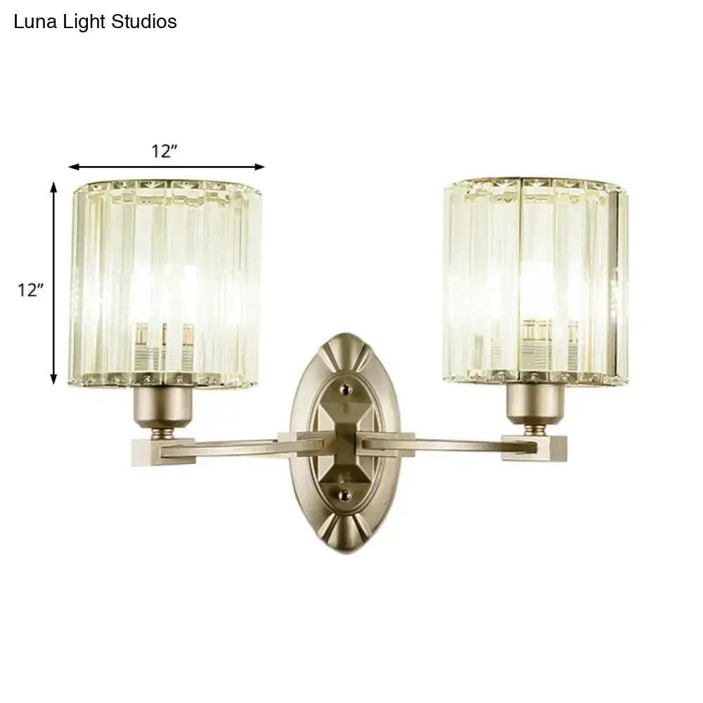 Vintage brass wall light fixture with two cylindrical crystal shades 12 by 18 inches for living room lighting
