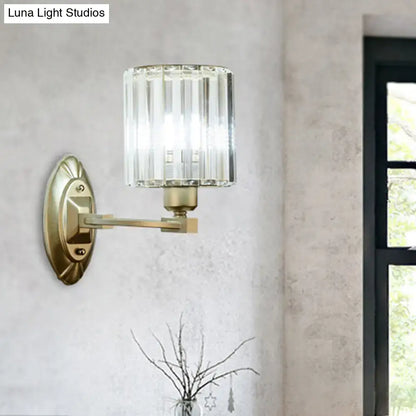 Vintage brass crystal wall light fixture with brass finish and ridged glass shade, 12 inches tall for living room