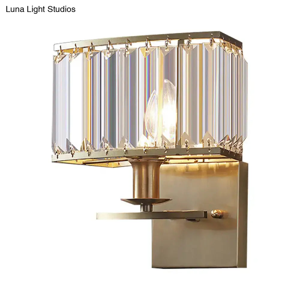 Elegant vintage brass crystal wall sconce with rectangular frame and vertical prisms for e12 e14 bulb base lighting