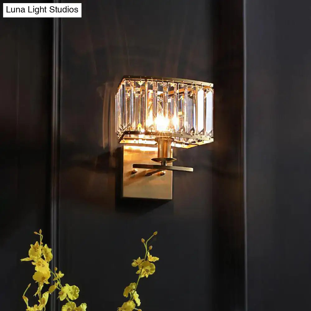 Modern vintage brass crystal wall sconce with gold-toned metal base and clear prism frame compatible with e12 bulb base