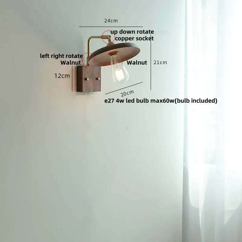 Vintage brass and dark wood wall light sconce with copper socket and adjustable vintage bulb by decorbites copper