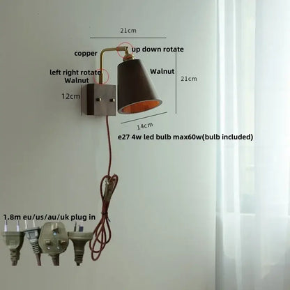 Vintage brass and dark wood wall light sconce with adjustable copper and walnut design and 1.8m cord with plug types for decorbites copper wall light