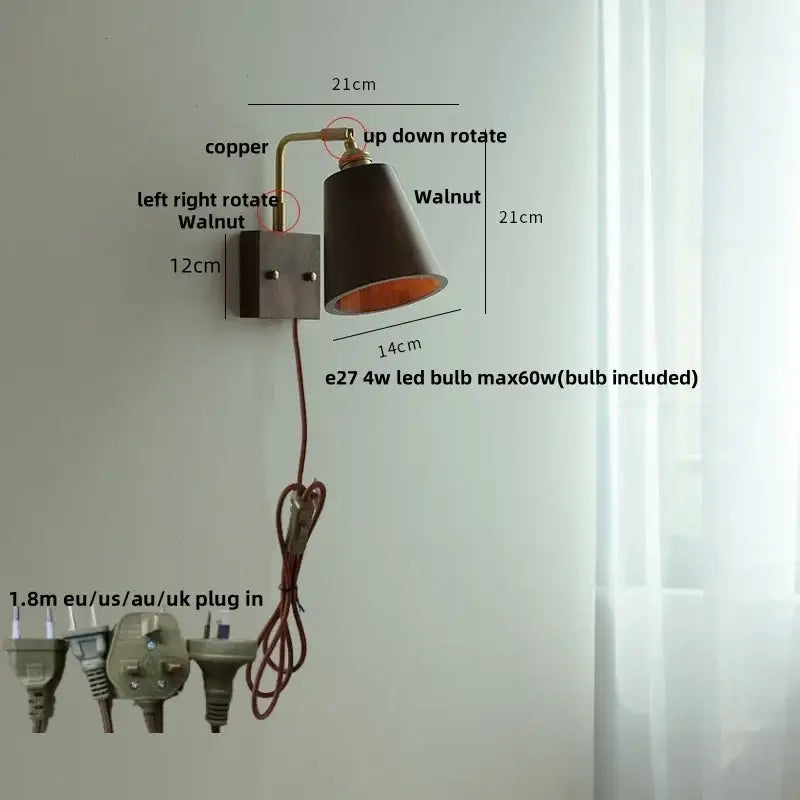 Vintage brass and dark wood wall light sconce with adjustable copper and walnut design and 1.8m cord with plug types for decorbites copper wall light
