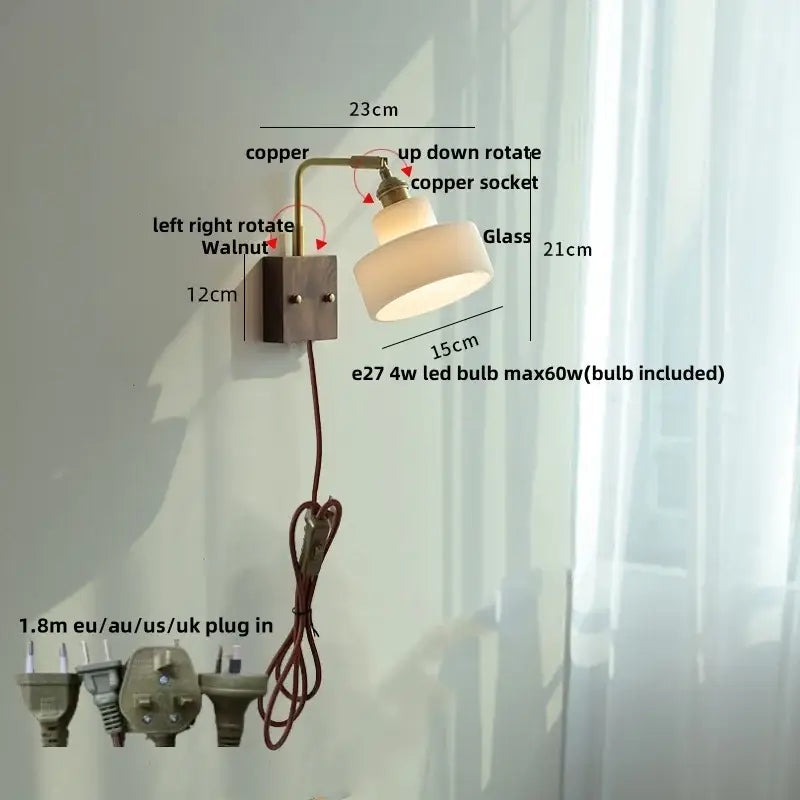 Vintage brass and dark wood wall light sconce with copper finished arm and off-white glass shade by decorbites copper
