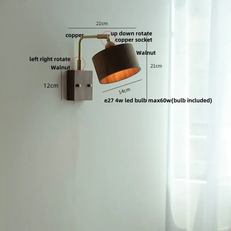 Copper-finished wall light sconce with walnut shade and adjustable arm for vintage brass and dark wood bedroom decorbites copper