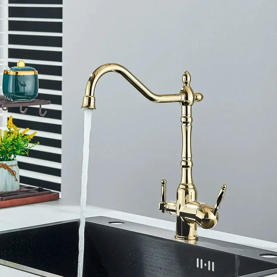 Vintage brass dual spout filter kitchen faucet with curved spout and dual handles by decorbites