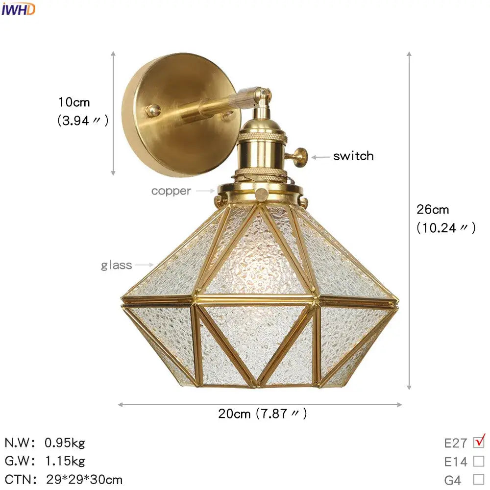 Gold-toned copper vintage brass etched glass globe led wall light with faceted textured glass shade for bedroom sconce