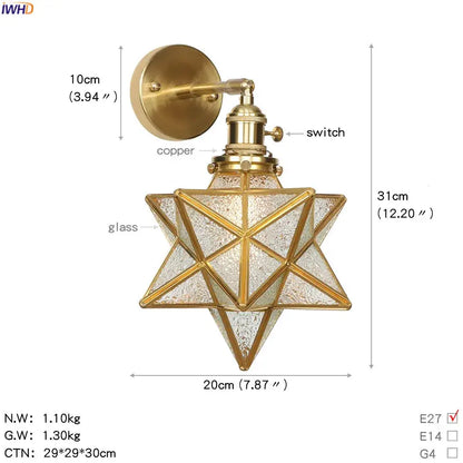 Gold-toned copper star-shaped vintage brass etched glass globe led wall light with textured panels for bedroom use
