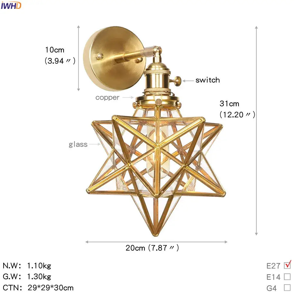 Vintage brass led wall light with star-shaped sconce clear glass panels and copper mounting plate for bedroom use