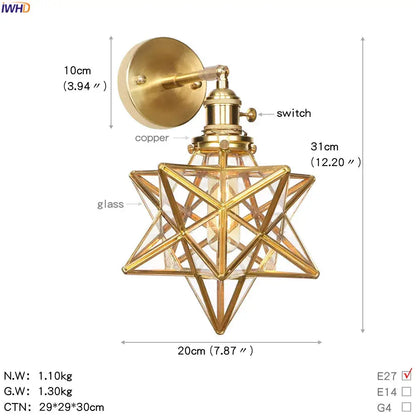 Vintage brass led wall light with star-shaped sconce clear glass panels and copper mounting plate for bedroom use