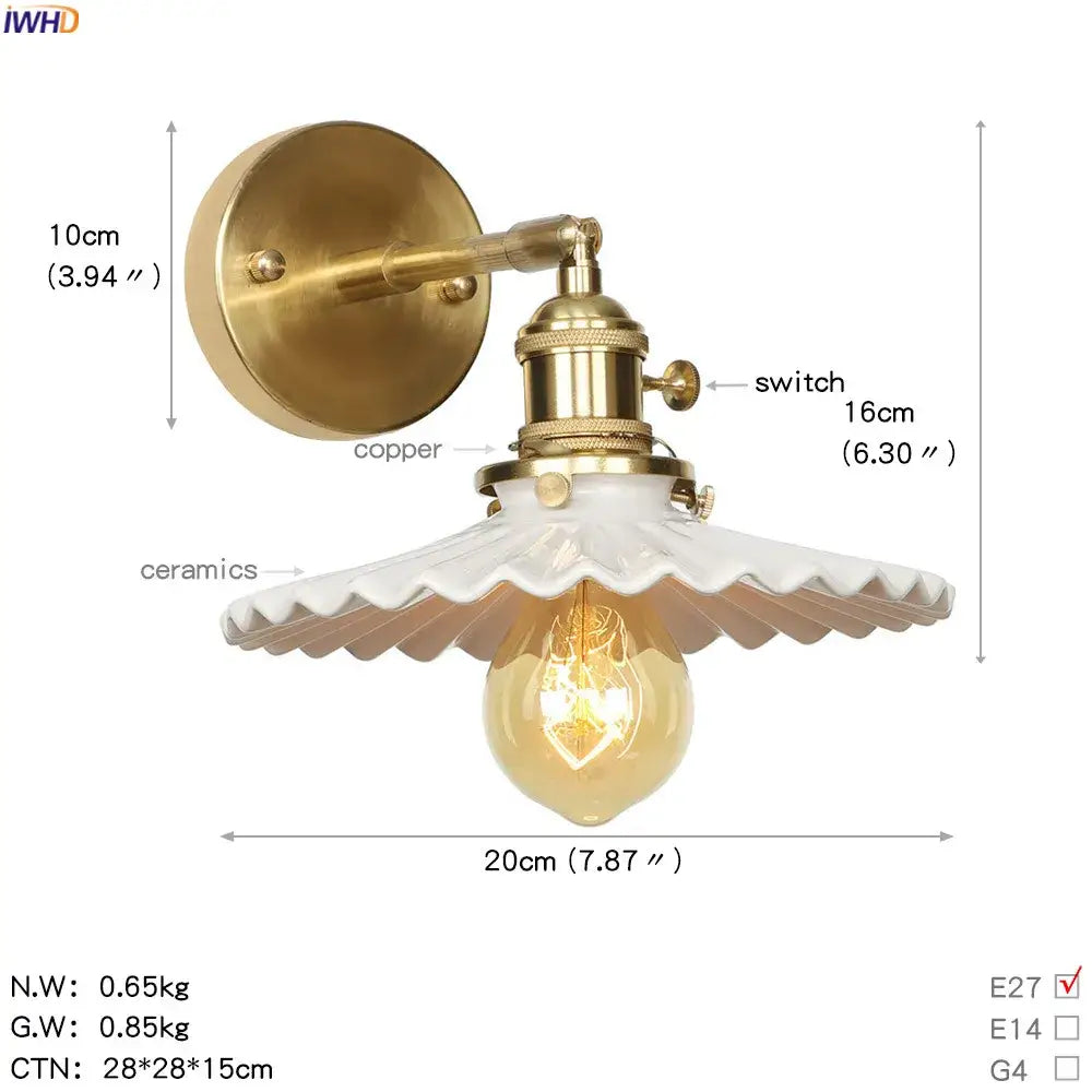 Vintage brass led wall light with etched glass globe and white ceramic scalloped shade for bedroom sconce use
