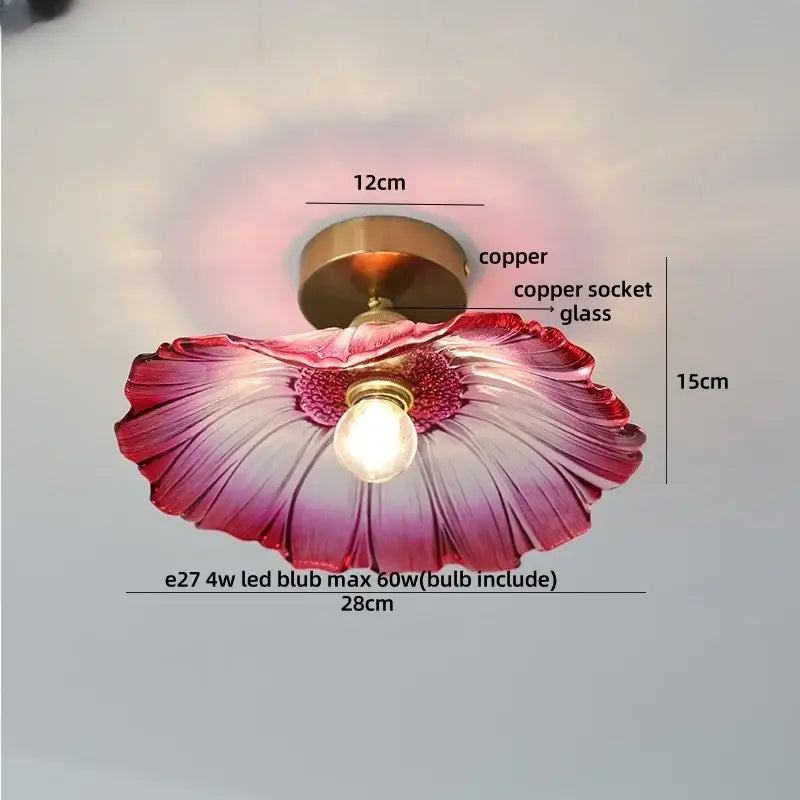 Vintage brass etched glass led ceiling light featuring a delicate pink and purple gradient glass flower with copper socket
