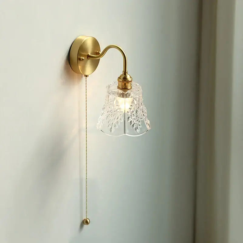 Vintage brass floral glass led wall sconce with polished brass finish and etched clear glass shade for glass led bathroom decorbites
