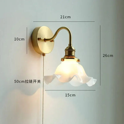 Vintage brass wall sconce with frosted ruffled glass led lampshade decorbites glass led bathroom light pull chain