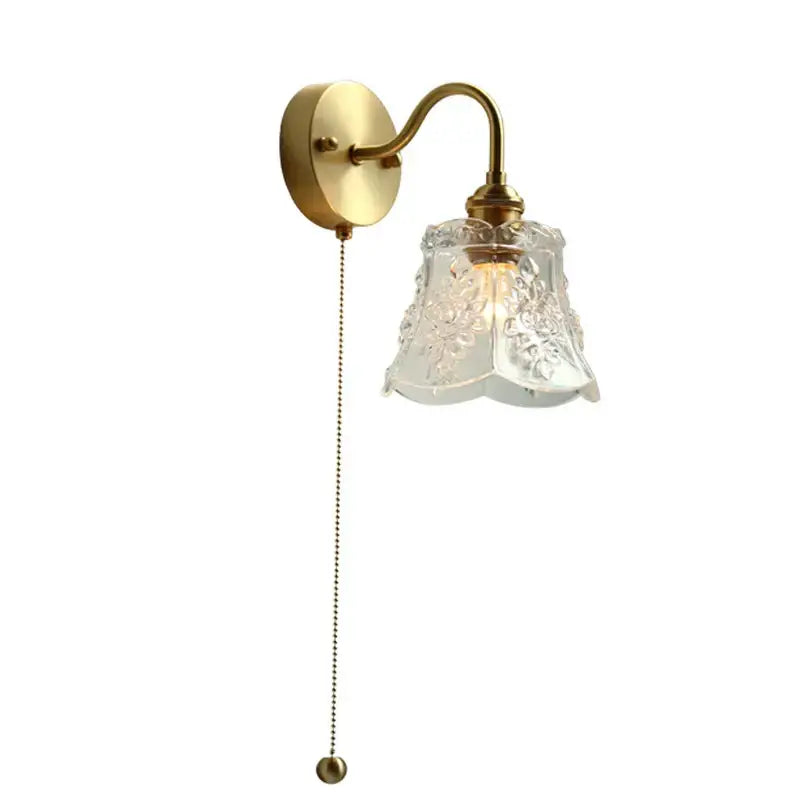 Vintage brass floral wall sconce with etched glass led shade and ornate pull chain for glass led bathroom decorbites light
