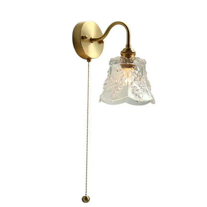 Vintage brass floral wall sconce with etched glass led shade and ornate pull chain for glass led bathroom decorbites light