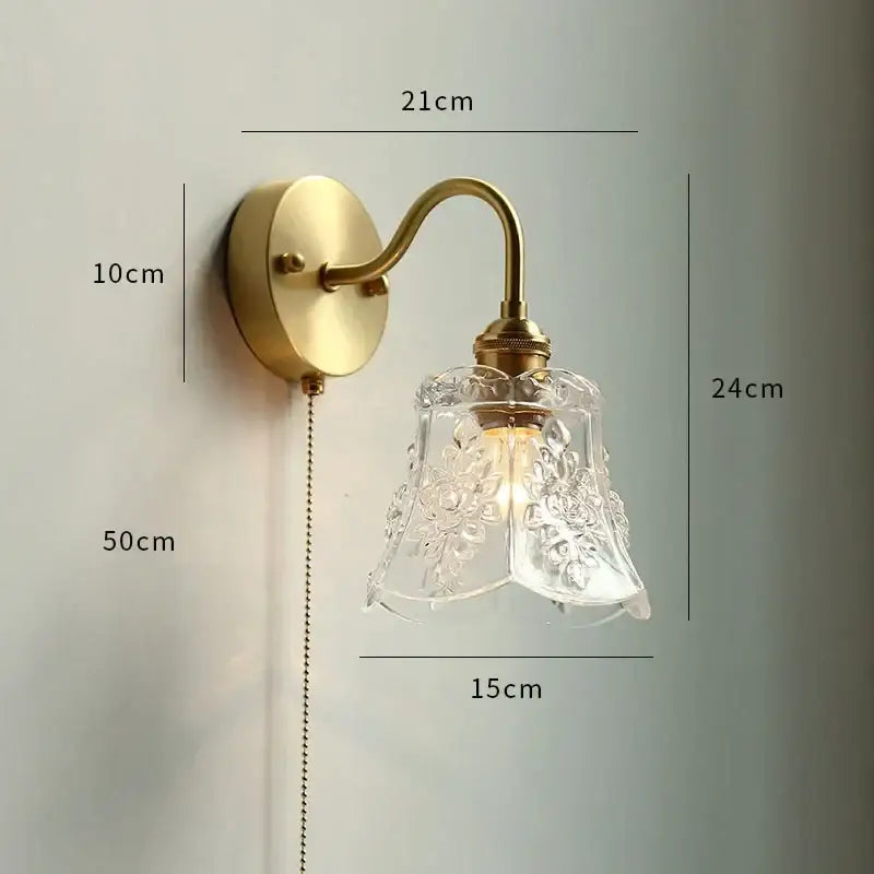 Vintage brass wall sconce with floral etched glass led shade for glass led bathroom lighting by decorbites