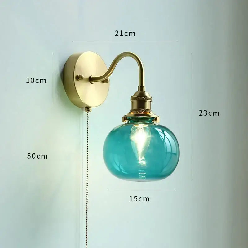 Vintage brass floral glass led wall sconce with turquoise globe and exposed bulb for glass led bathroom decorbites lighting