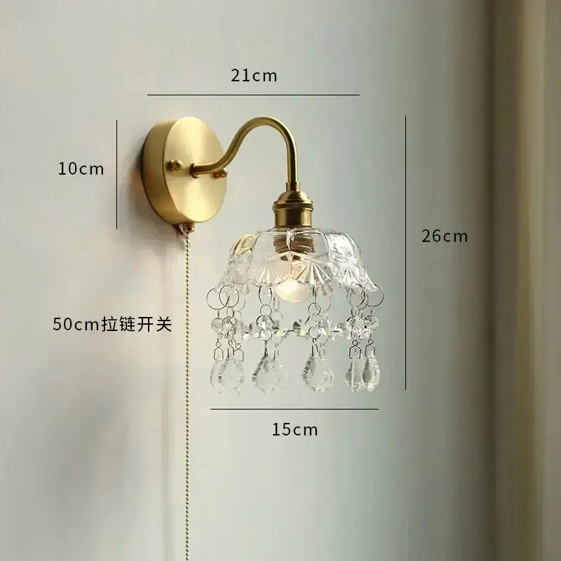 Vintage brass floral wall sconce with clear faceted glass led shade and crystal droplets for glass led bathroom decorbites