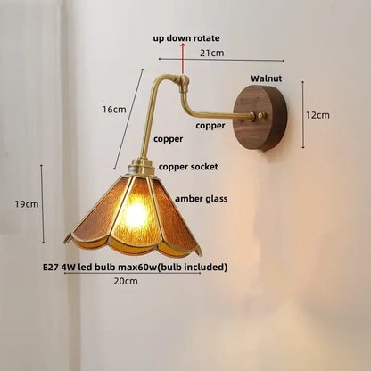 Copper vintage brass flower led wall light with warm amber glass shade walnut mount and rotate pull chain decorbites led wall