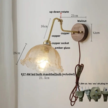 Copper vintage brass flower led wall light with textured amber glass shade walnut mount and rotate pull chain decorbites led wall