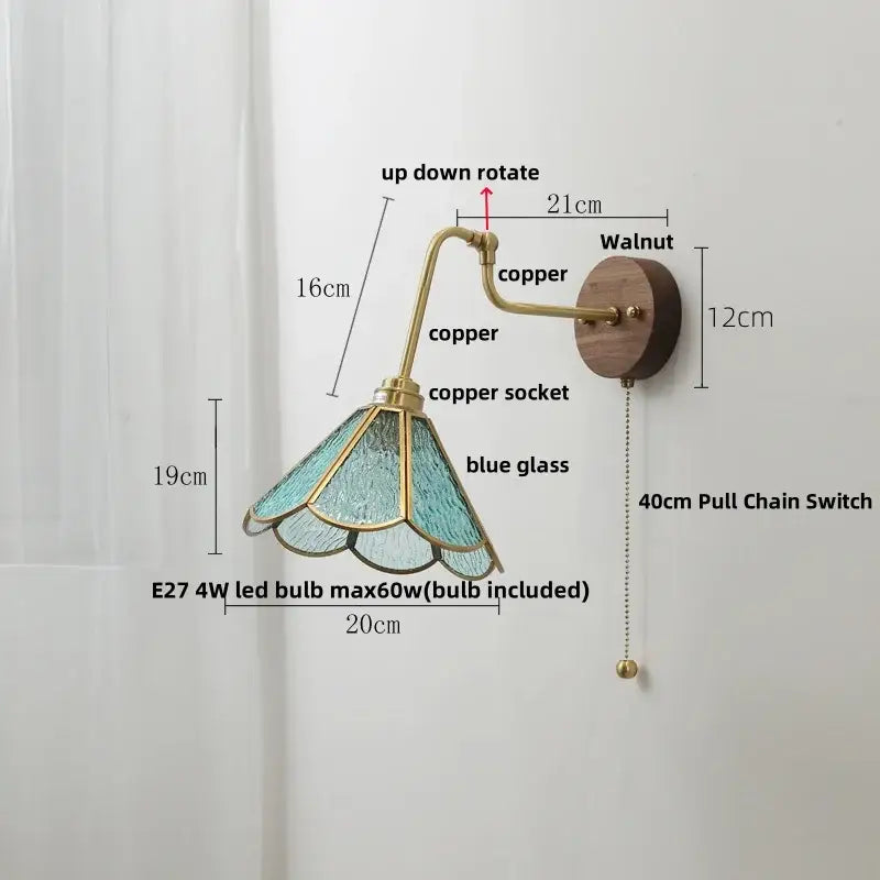 Vintage brass flower led wall light with brass copper arm blue glass shade walnut wood backplate rotate pull chain decorbites led wall