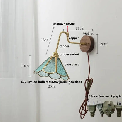 Vintage brass flower led wall light with copper arm, blue stained glass shade, and rotate pull chain for bedroom decorbites led wall