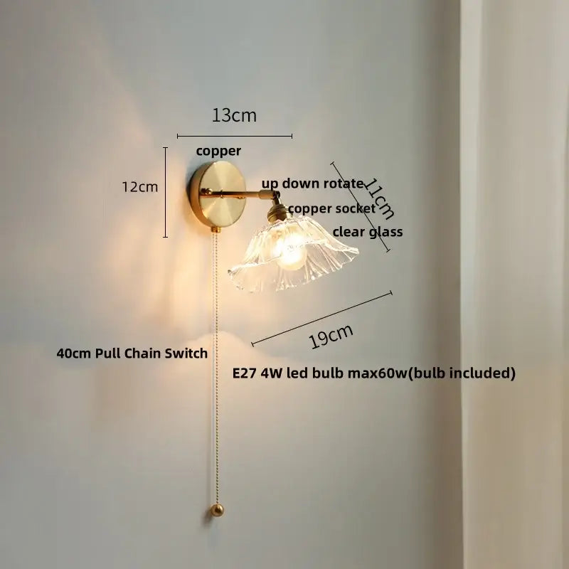 Vintage brass fluted glass bedside sconce wall light with copper wall light and clear glass bedside sconce shade