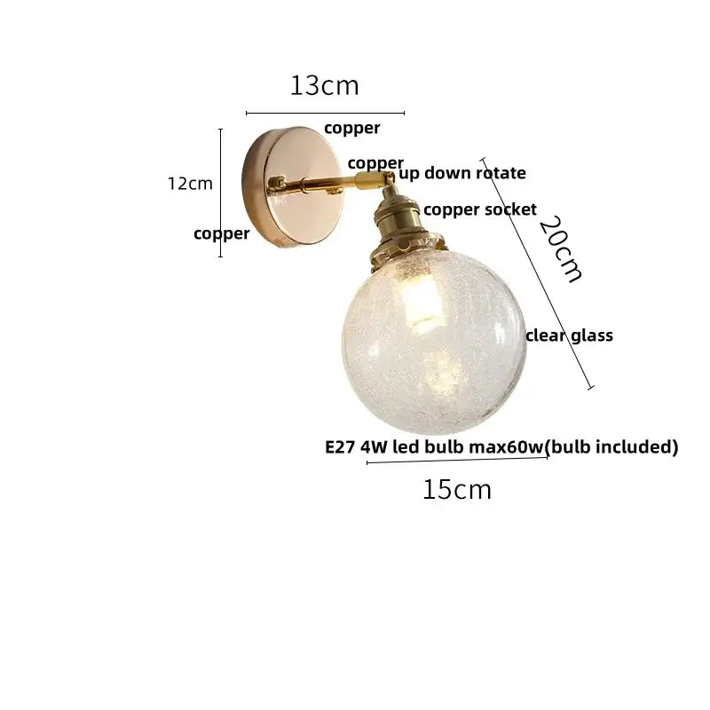 Vintage brass fluted glass bedside sconce wall light with copper finish and crackled clear glass bulb for bedroom decorbites glass bedside