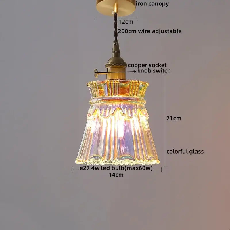 Vintage brass fluted glass led pendant with iridescent shade and brass-finished copper socket for dining room lighting